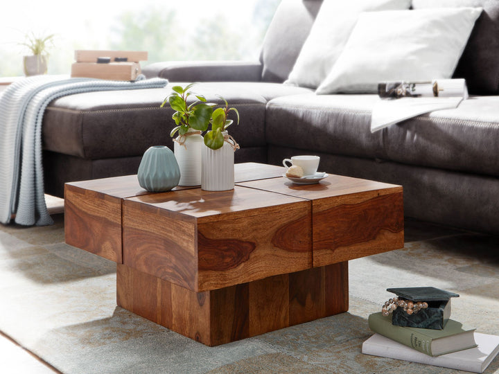 Couchtisch Sheesham Massivholz Quadrat_ Modernes Rillenmuster_ 57_5x57_5x30 cm - KADIMA DESIGN_Größe_ 58x58x30 cm_