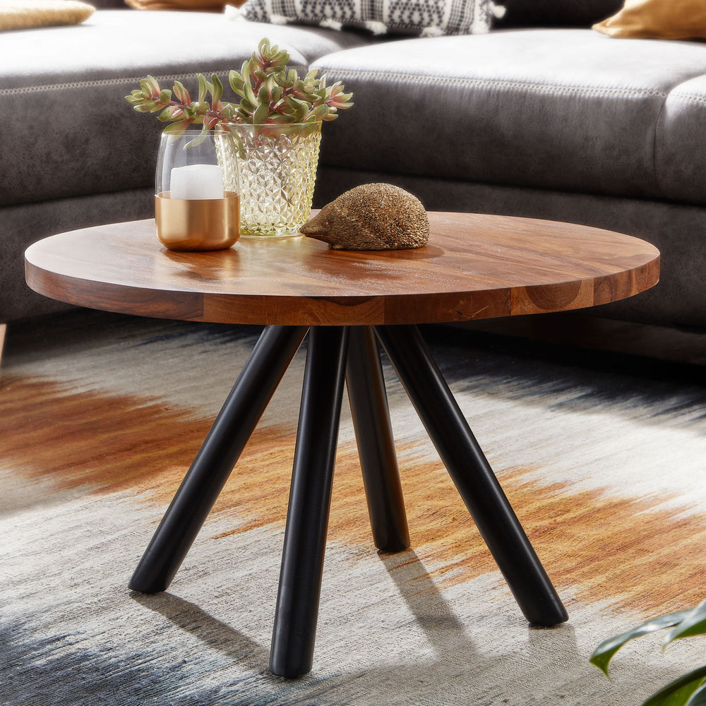 Moderner Couchtisch mit Sheesham Massivholz_ Metall-Materialmix_ Rund_ Handgefertigt - KADIMA DESIGN_Größe_ 60x60x35 cm_