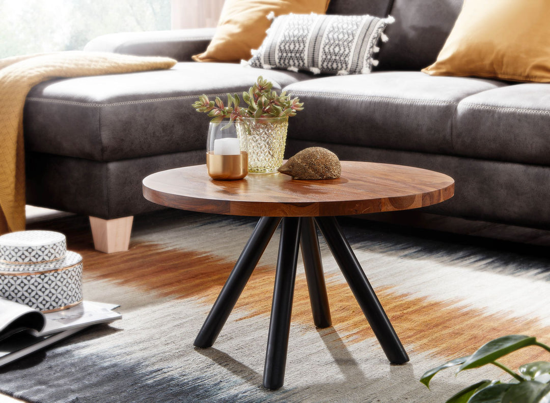 Moderner Couchtisch mit Sheesham Massivholz_ Metall-Materialmix_ Rund_ Handgefertigt - KADIMA DESIGN_Größe_ 60x60x35 cm_