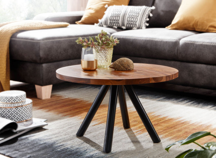 Moderner Couchtisch mit Sheesham Massivholz_ Metall-Materialmix_ Rund_ Handgefertigt - KADIMA DESIGN_Größe_ 60x60x35 cm_