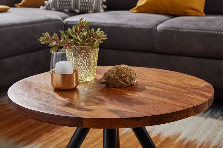 Moderner Couchtisch mit Sheesham Massivholz_ Metall-Materialmix_ Rund_ Handgefertigt - KADIMA DESIGN_Größe_ 60x60x35 cm_