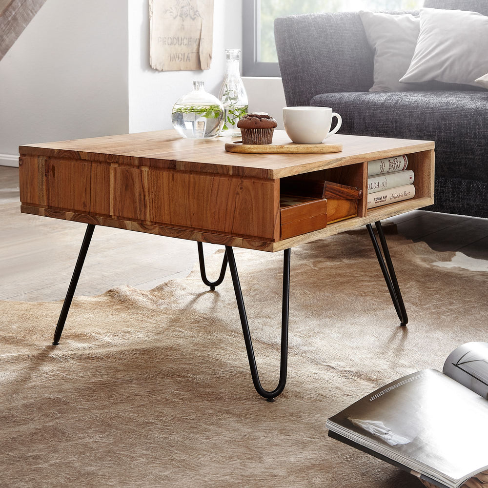 Massiver Akazienholz Couchtisch_ Modernes Design_ Metallgestell_ Stauraum - KADIMA DESIGN_Größe_ 60x60x40 cm_