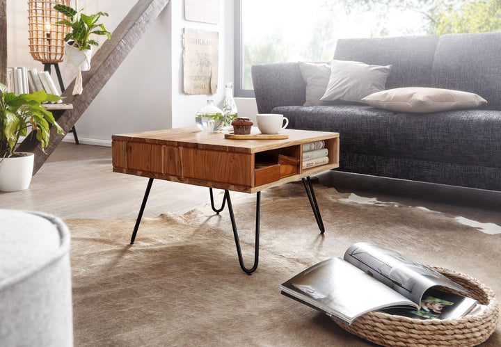Massiver Akazienholz Couchtisch_ Modernes Design_ Metallgestell_ Stauraum - KADIMA DESIGN_Größe_ 60x60x40 cm_
