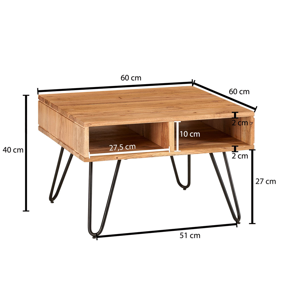 Massiver Akazienholz Couchtisch_ Modernes Design_ Metallgestell_ Stauraum - KADIMA DESIGN_Größe_ 60x60x40 cm_