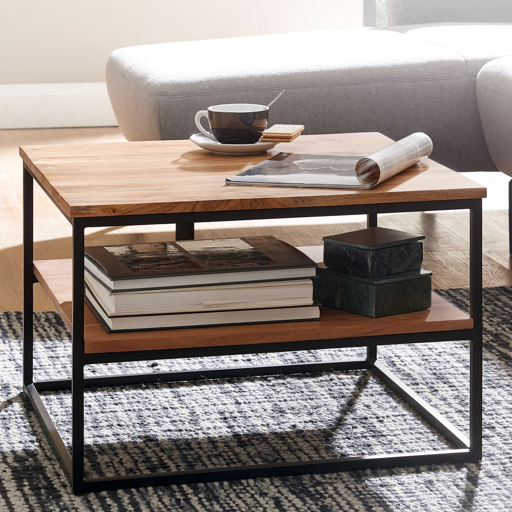 Industrial Couchtisch aus Akazienholz und Metallbeinen_ Platzsparendes Design_ Handgefertigt_ Zwei Ablageflächen - KADIMA DESIGN_Größe_ 60x60x41 cm_
