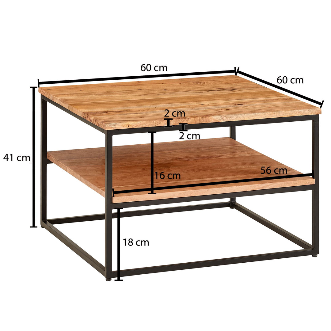 Industrial Couchtisch aus Akazienholz und Metallbeinen_ Platzsparendes Design_ Handgefertigt_ Zwei Ablageflächen - KADIMA DESIGN_Größe_ 60x60x41 cm_