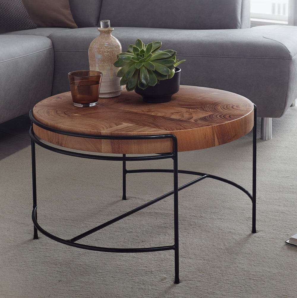 Industrial-Stil Couchtisch aus Akazienholz_ 62x40x62 cm_ Mattschwarzes Metallgestell - KADIMA DESIGN_Größe_ 62x62x40 cm_