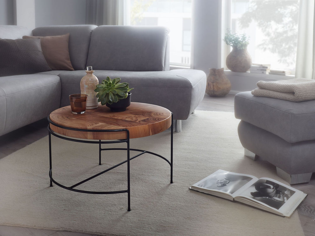 Industrial-Stil Couchtisch aus Akazienholz_ 62x40x62 cm_ Mattschwarzes Metallgestell - KADIMA DESIGN_Größe_ 62x62x40 cm_