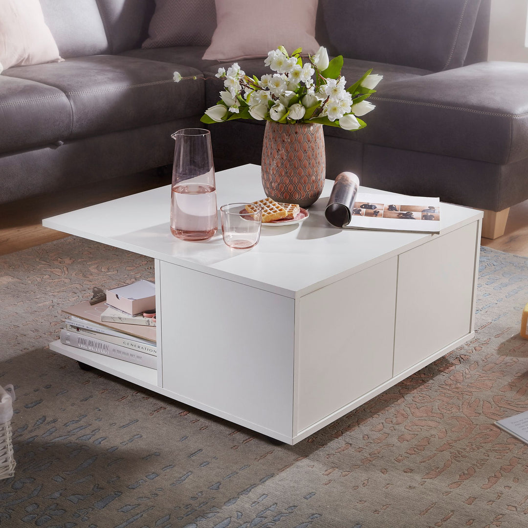 Couchtisch RAPIDO_ 70x70x36_5 cm_ 2 Schubladen_ Rollen_ Melaminharzbeschichtung_ Weiß/Anthrazit - KADIMA DESIGN_Farbe_ Weiß_ Größe_ 70x70x36 cm_