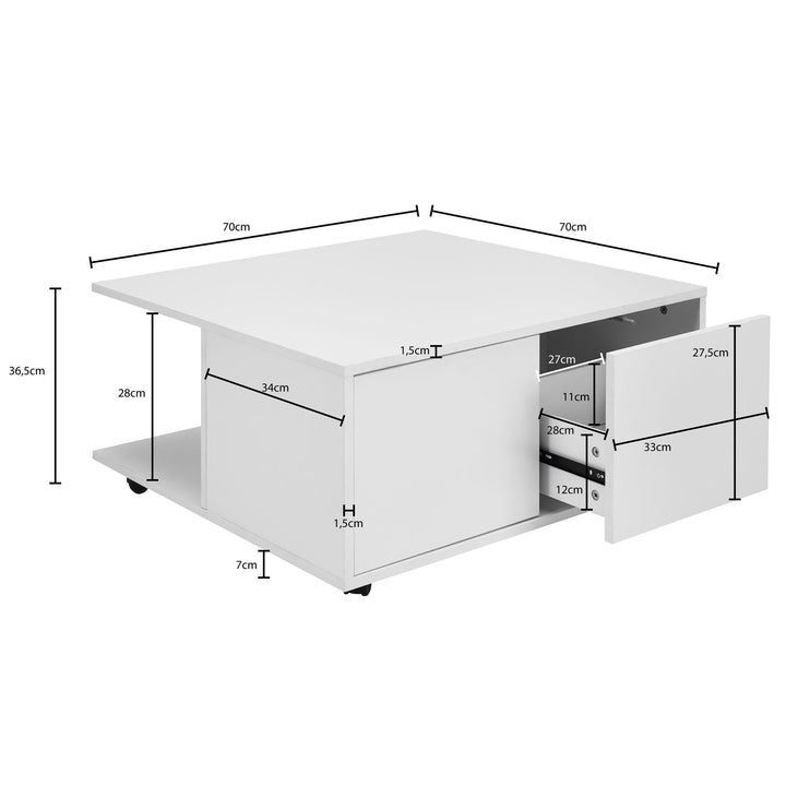 Couchtisch RAPIDO_ 70x70x36_5 cm_ 2 Schubladen_ Rollen_ Melaminharzbeschichtung_ Weiß/Anthrazit - KADIMA DESIGN_Farbe_ Weiß_ Größe_ 70x70x36 cm_