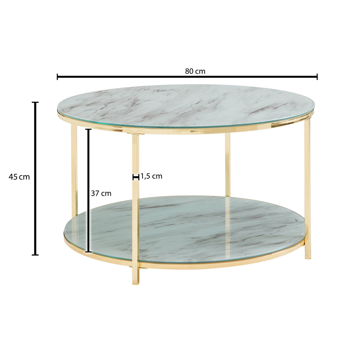 Couchtisch TREBBIA_ Glas-Metall Mix_ 2 Ablagen_ 80x80x45 cm_ Marmoroptik_ stabil - KADIMA DESIGN_Farbe_ Gold_ Größe_ 80x80x45 cm_