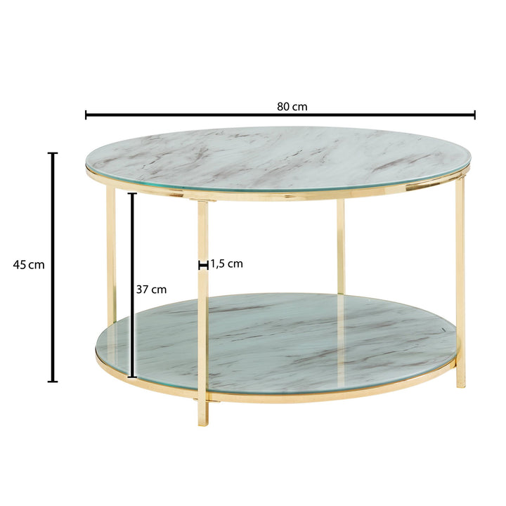 Couchtisch TREBBIA_ Glas-Metall Mix_ 2 Ablagen_ 80x80x45 cm_ Marmoroptik_ stabil - KADIMA DESIGN_Farbe_ Gold_ Größe_ 80x80x45 cm_