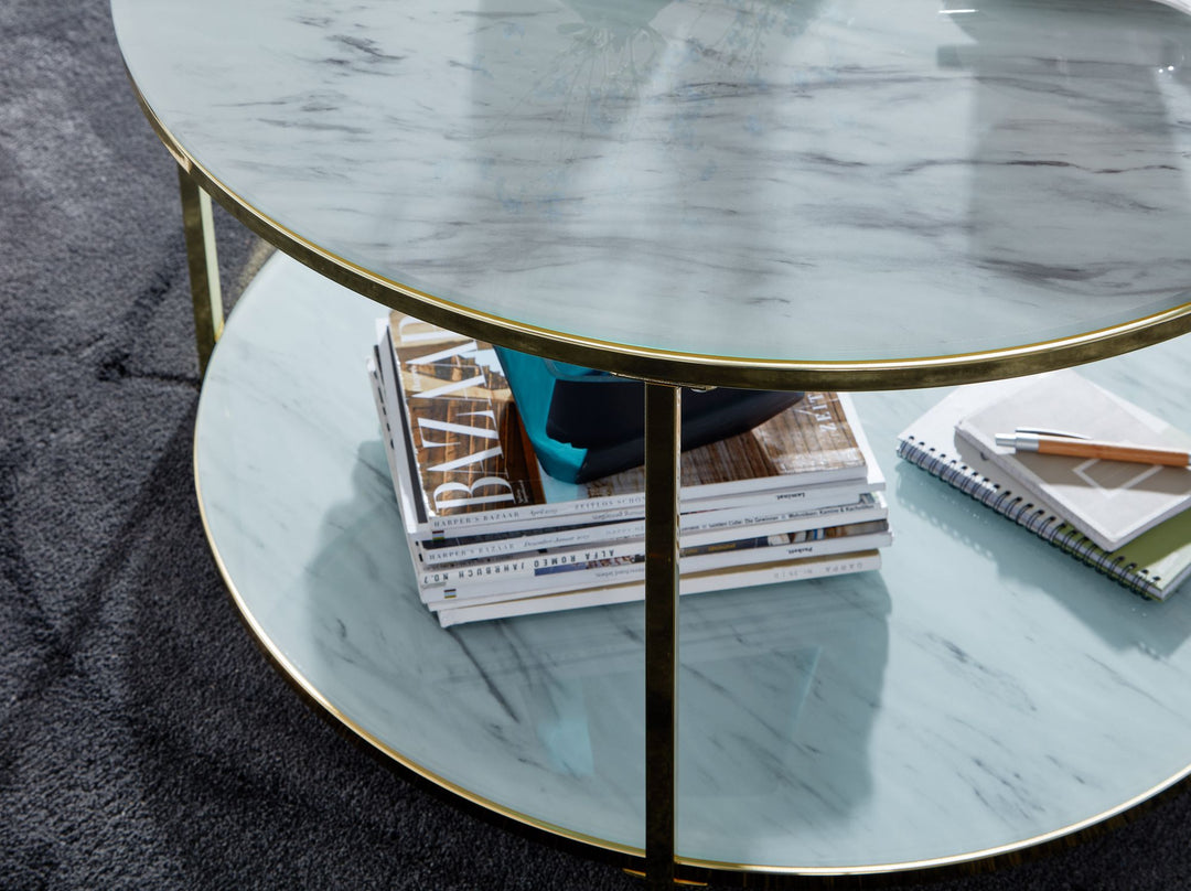 Couchtisch TREBBIA_ Glas-Metall Mix_ 2 Ablagen_ 80x80x45 cm_ Marmoroptik_ stabil - KADIMA DESIGN_Farbe_ Gold_ Größe_ 80x80x45 cm_