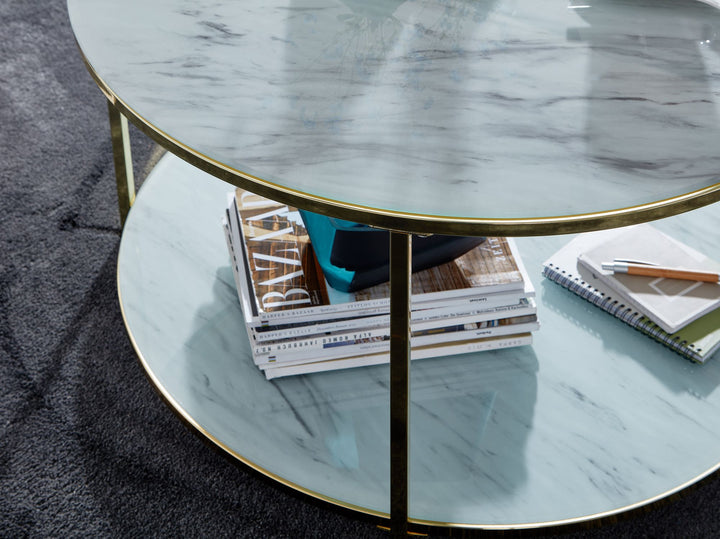Couchtisch TREBBIA_ Glas-Metall Mix_ 2 Ablagen_ 80x80x45 cm_ Marmoroptik_ stabil - KADIMA DESIGN_Farbe_ Gold_ Größe_ 80x80x45 cm_