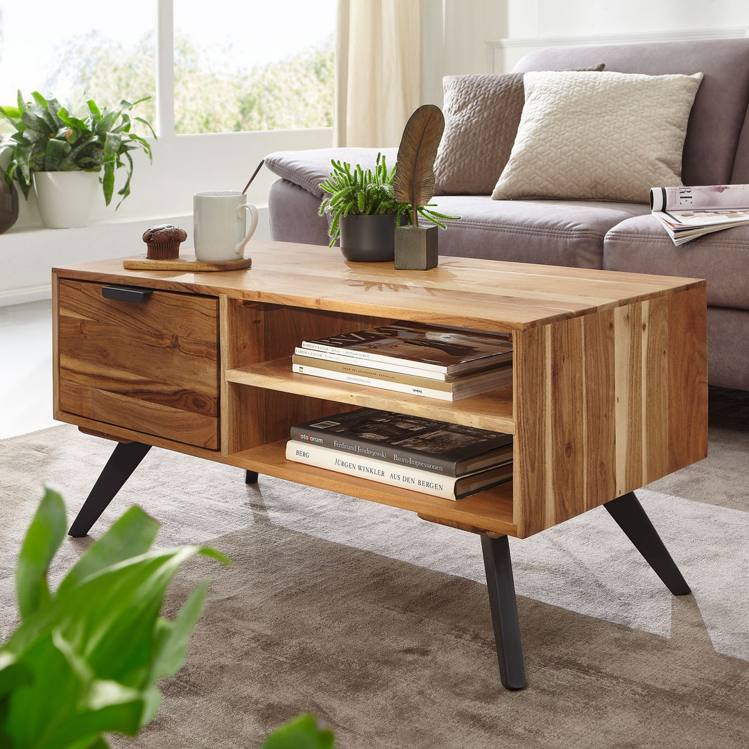 Massiver Couchtisch aus Holz und Metall_ Trendiges Design_ Viel Stauraum_ Stabile Standbeine - KADIMA DESIGN_Größe_ 95x45x45 cm_