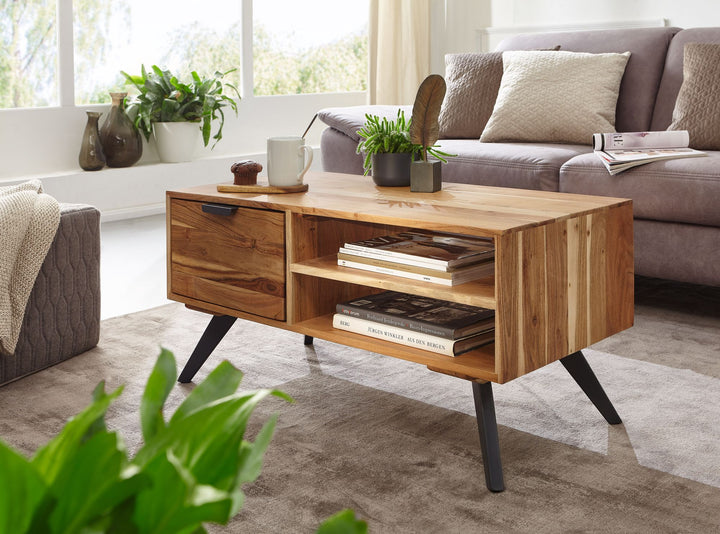 Massiver Couchtisch aus Holz und Metall_ Trendiges Design_ Viel Stauraum_ Stabile Standbeine - KADIMA DESIGN_Größe_ 95x45x45 cm_