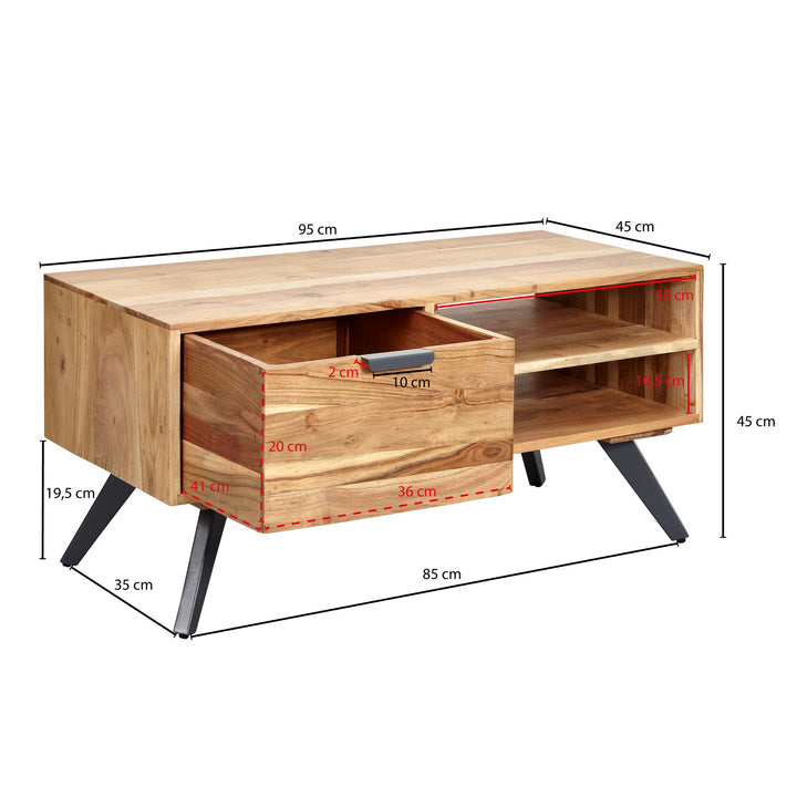 Massiver Couchtisch aus Holz und Metall_ Trendiges Design_ Viel Stauraum_ Stabile Standbeine - KADIMA DESIGN_Größe_ 95x45x45 cm_
