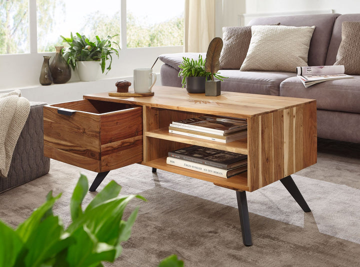 Massiver Couchtisch aus Holz und Metall_ Trendiges Design_ Viel Stauraum_ Stabile Standbeine - KADIMA DESIGN_Größe_ 95x45x45 cm_