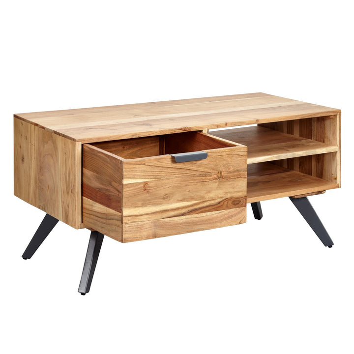 Massiver Couchtisch aus Holz und Metall_ Trendiges Design_ Viel Stauraum_ Stabile Standbeine - KADIMA DESIGN_Größe_ 95x45x45 cm_
