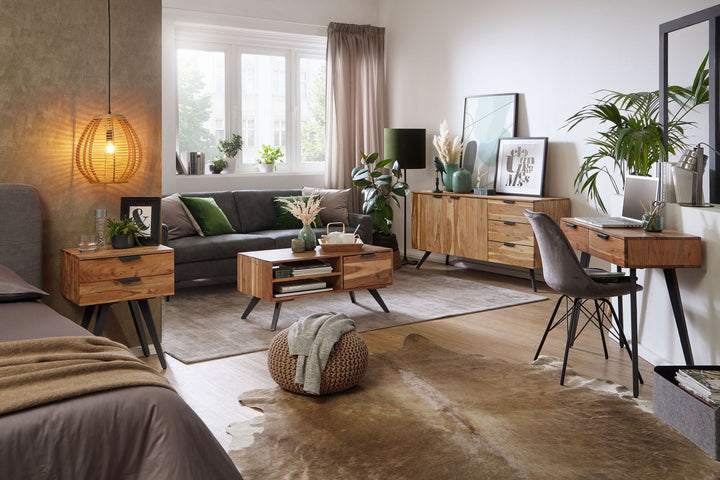 Massiver Couchtisch aus Holz und Metall_ Trendiges Design_ Viel Stauraum_ Stabile Standbeine - KADIMA DESIGN_Größe_ 95x45x45 cm_