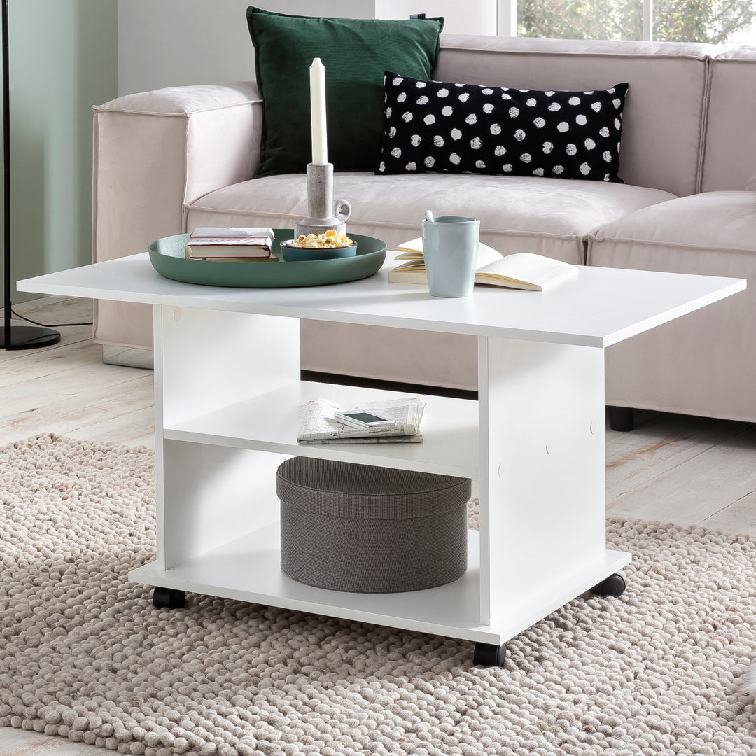 Couchtisch SEGRE_ Stilvoll_ 2 Ablageflächen_ Rollen_ Melaminharzbeschichtung_ 95x51x54_5 cm_ Weiß/Sonoma - KADIMA DESIGN_Farbe_ Weiß_ Größe_ 95x54x51 cm_