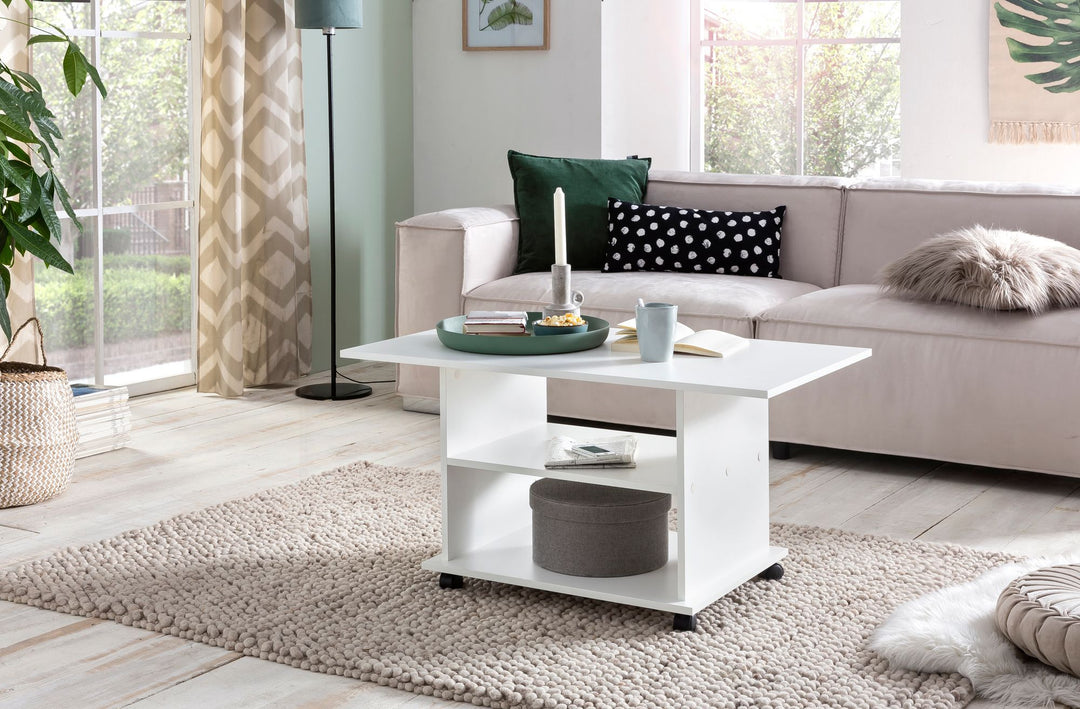 Couchtisch SEGRE_ Stilvoll_ 2 Ablageflächen_ Rollen_ Melaminharzbeschichtung_ 95x51x54_5 cm_ Weiß/Sonoma - KADIMA DESIGN_Farbe_ Weiß_ Größe_ 95x54x51 cm_