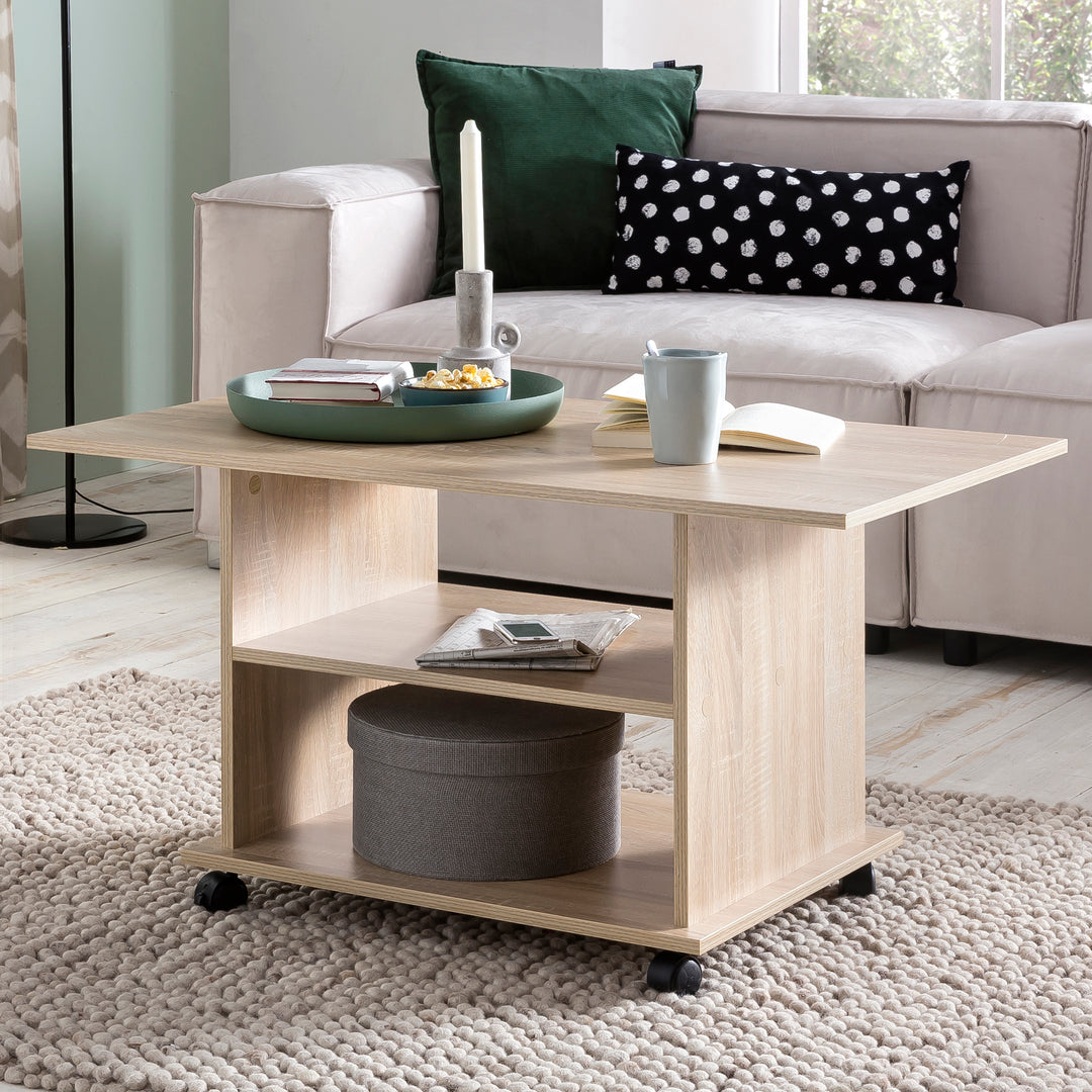 Couchtisch SEGRE_ Stilvoll_ 2 Ablageflächen_ Rollen_ Melaminharzbeschichtung_ 95x51x54_5 cm_ Weiß/Sonoma - KADIMA DESIGN_Farbe_ Beige_ Größe_ 95x54x51 cm_