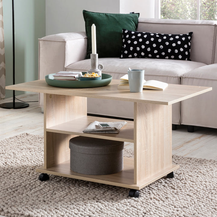 Couchtisch SEGRE_ Stilvoll_ 2 Ablageflächen_ Rollen_ Melaminharzbeschichtung_ 95x51x54_5 cm_ Weiß/Sonoma - KADIMA DESIGN_Farbe_ Beige_ Größe_ 95x54x51 cm_