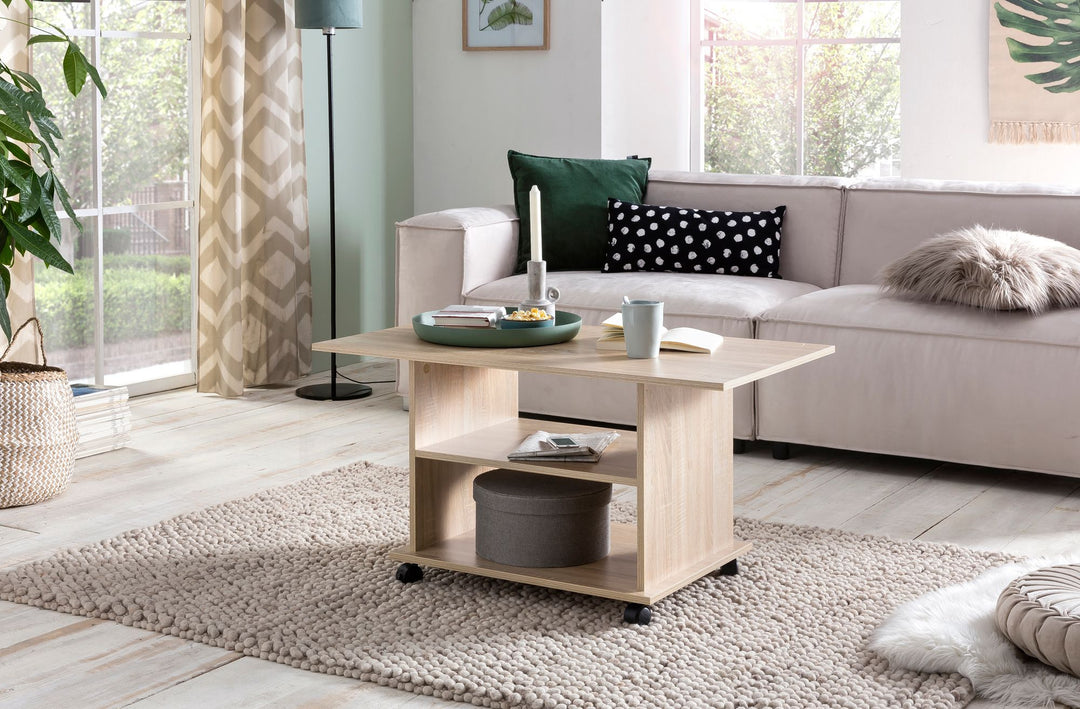 Couchtisch SEGRE_ Stilvoll_ 2 Ablageflächen_ Rollen_ Melaminharzbeschichtung_ 95x51x54_5 cm_ Weiß/Sonoma - KADIMA DESIGN_Farbe_ Beige_ Größe_ 95x54x51 cm_