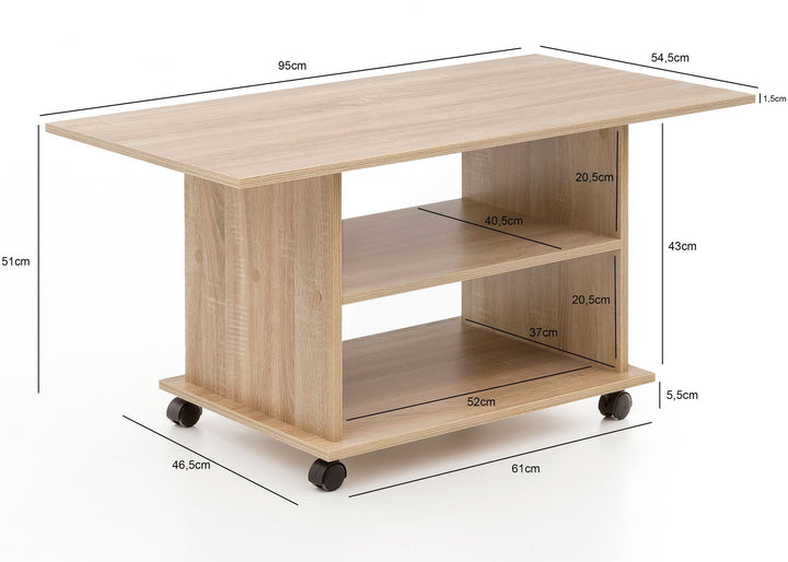 Couchtisch SEGRE_ Stilvoll_ 2 Ablageflächen_ Rollen_ Melaminharzbeschichtung_ 95x51x54_5 cm_ Weiß/Sonoma - KADIMA DESIGN_Farbe_ Beige_ Größe_ 95x54x51 cm_