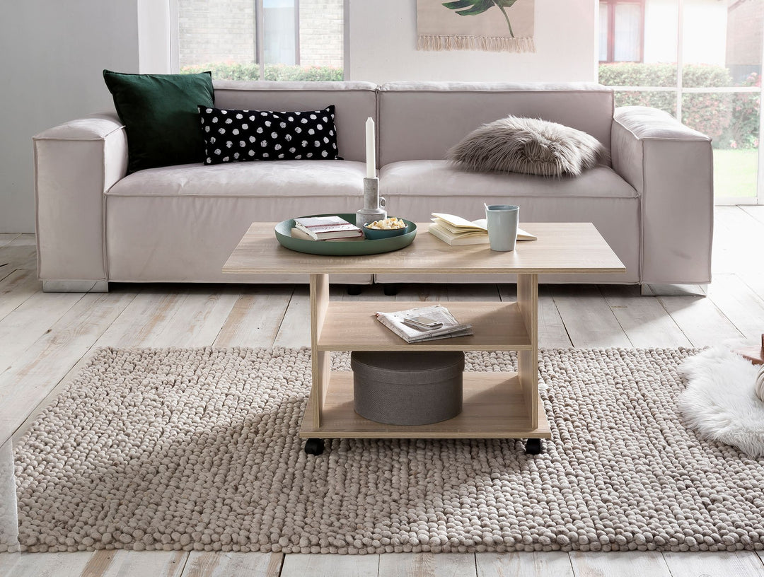 Couchtisch SEGRE_ Stilvoll_ 2 Ablageflächen_ Rollen_ Melaminharzbeschichtung_ 95x51x54_5 cm_ Weiß/Sonoma - KADIMA DESIGN_Farbe_ Beige_ Größe_ 95x54x51 cm_