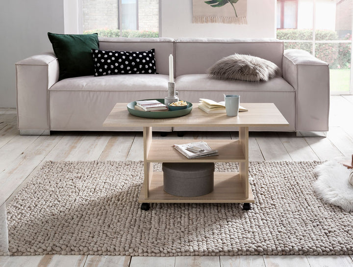 Couchtisch SEGRE_ Stilvoll_ 2 Ablageflächen_ Rollen_ Melaminharzbeschichtung_ 95x51x54_5 cm_ Weiß/Sonoma - KADIMA DESIGN_Farbe_ Beige_ Größe_ 95x54x51 cm_