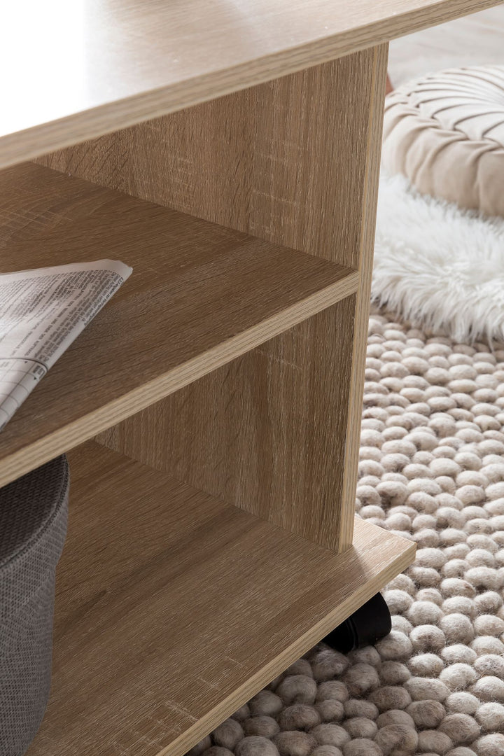 Couchtisch SEGRE_ Stilvoll_ 2 Ablageflächen_ Rollen_ Melaminharzbeschichtung_ 95x51x54_5 cm_ Weiß/Sonoma - KADIMA DESIGN_Farbe_ Beige_ Größe_ 95x54x51 cm_