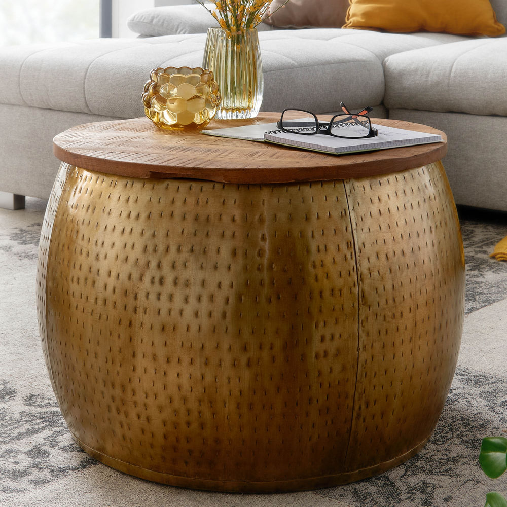 Moderner Couchtisch &quot;Aurora&quot; aus Massivholz_ Braun/Gold_ mit elegantem Design und Stauraum - KADIMA DESIGN_Größe_ 60x60x40 cm_