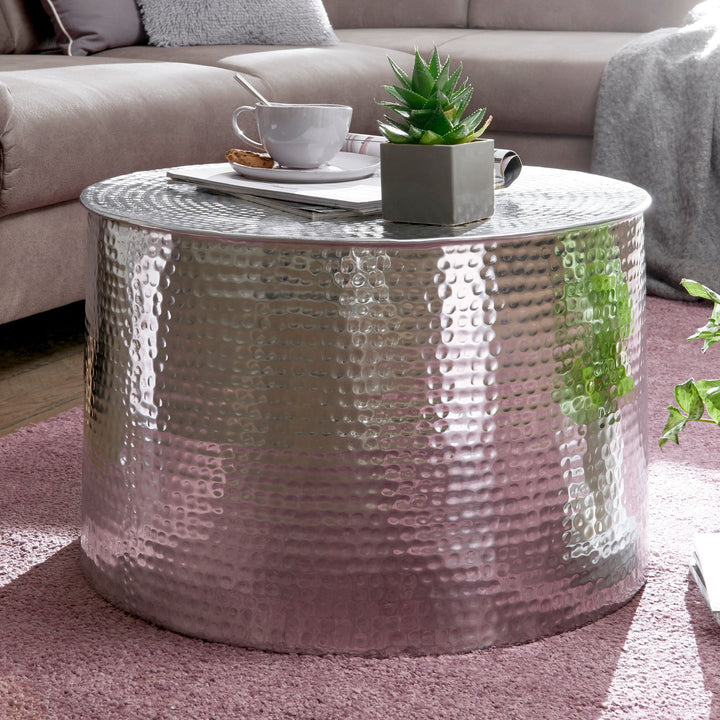 Orient Couchtisch ENNS_ Hammerschlag-Aluminium_ 61 cm Durchmesser_ silberfarben - KADIMA DESIGN_Farbe_ Silber_ Größe_ 61x61x40 cm_