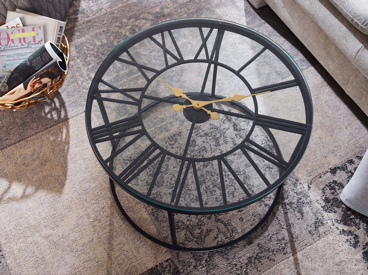 Couchtisch GESSO mit Uhr_ Einscheibensicherheitsglas_ pulverbeschichtetes Metallgestell_ römische Uhr_ handgefertigt - KADIMA DESIGN_Farbe_ Schwarz_ Größe_ 60x60x43 cm_#sku_BARWL6.688#