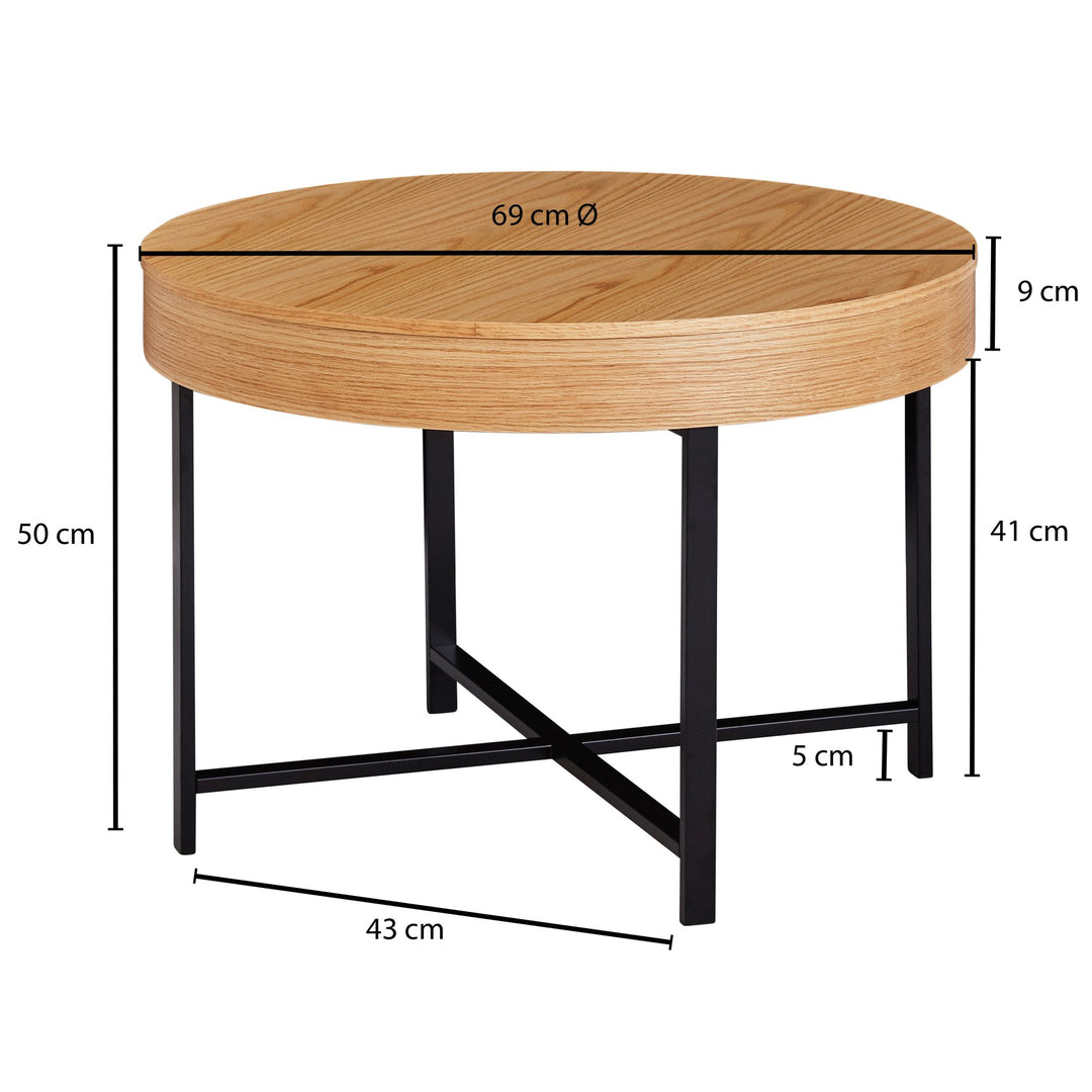 Couchtisch Holzoptik-Metallbeine_ runder Tisch mit Stauraum_ 69x49x69 cm_ moderner Industrial-Look - KADIMA DESIGN_Größe_ 69x69x49 cm_