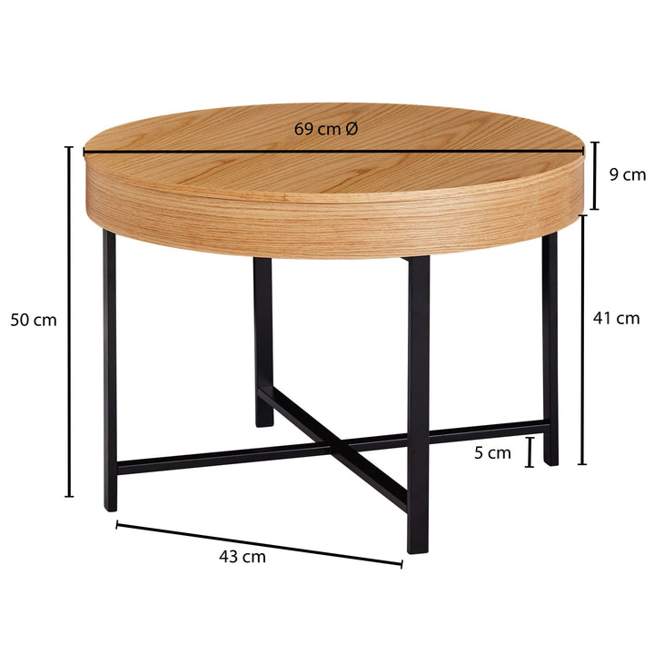 Couchtisch Holzoptik-Metallbeine_ runder Tisch mit Stauraum_ 69x49x69 cm_ moderner Industrial-Look - KADIMA DESIGN_Größe_ 69x69x49 cm_