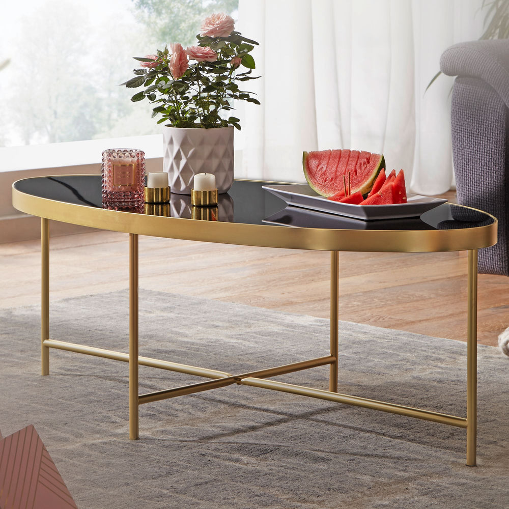 VILS Couchtisch_ oval_ Glasplatte_ filigranes Metallgestell_ Schwarz/Gold_ 110x56 cm - KADIMA DESIGN_Größe_ 110x56x40 cm_