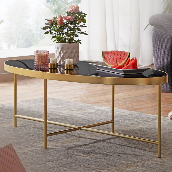 VILS Couchtisch_ oval_ Glasplatte_ filigranes Metallgestell_ Schwarz/Gold_ 110x56 cm - KADIMA DESIGN_Größe_ 110x56x40 cm_
