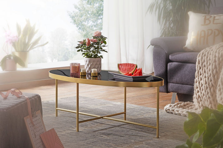 VILS Couchtisch_ oval_ Glasplatte_ filigranes Metallgestell_ Schwarz/Gold_ 110x56 cm - KADIMA DESIGN_Größe_ 110x56x40 cm_