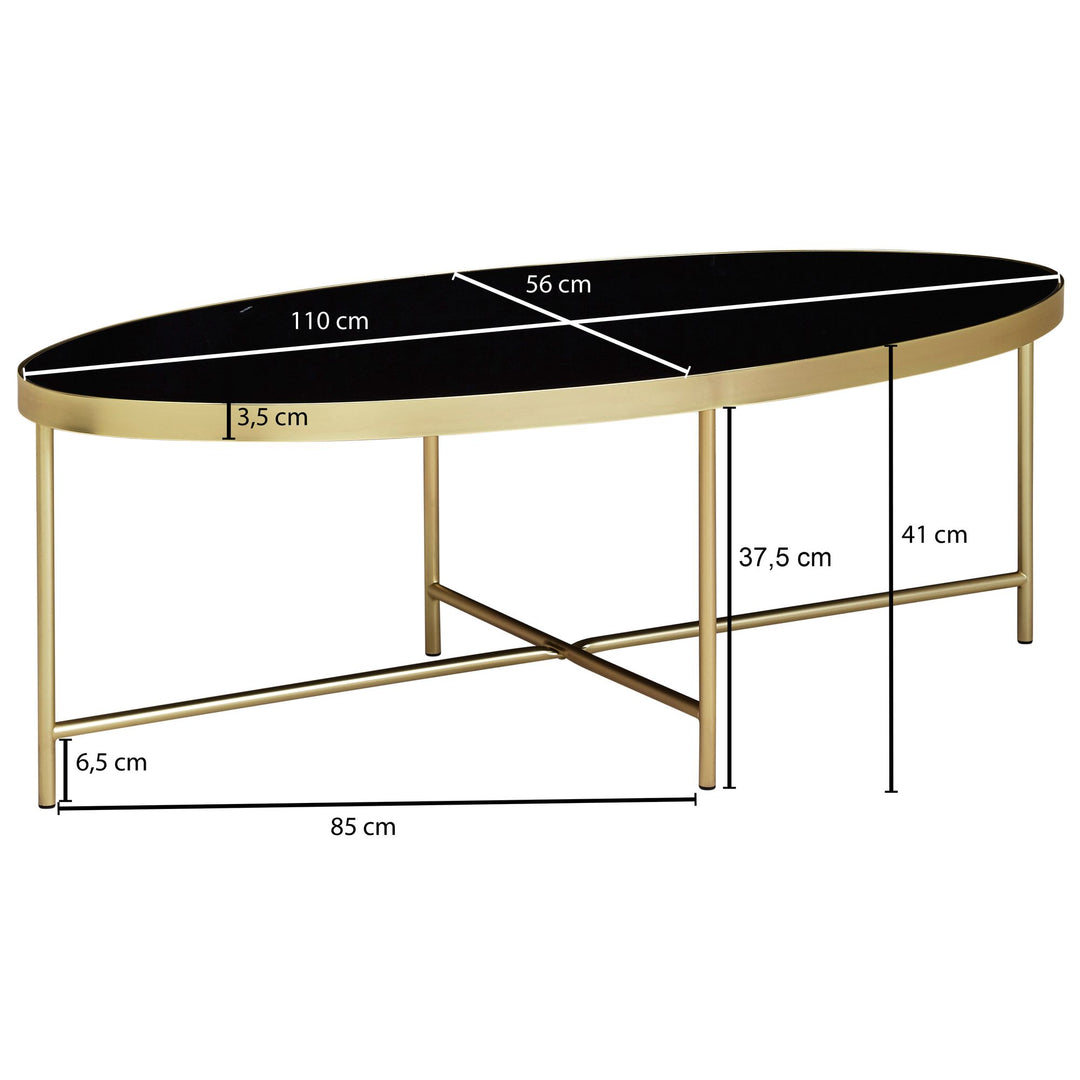 VILS Couchtisch_ oval_ Glasplatte_ filigranes Metallgestell_ Schwarz/Gold_ 110x56 cm - KADIMA DESIGN_Größe_ 110x56x40 cm_