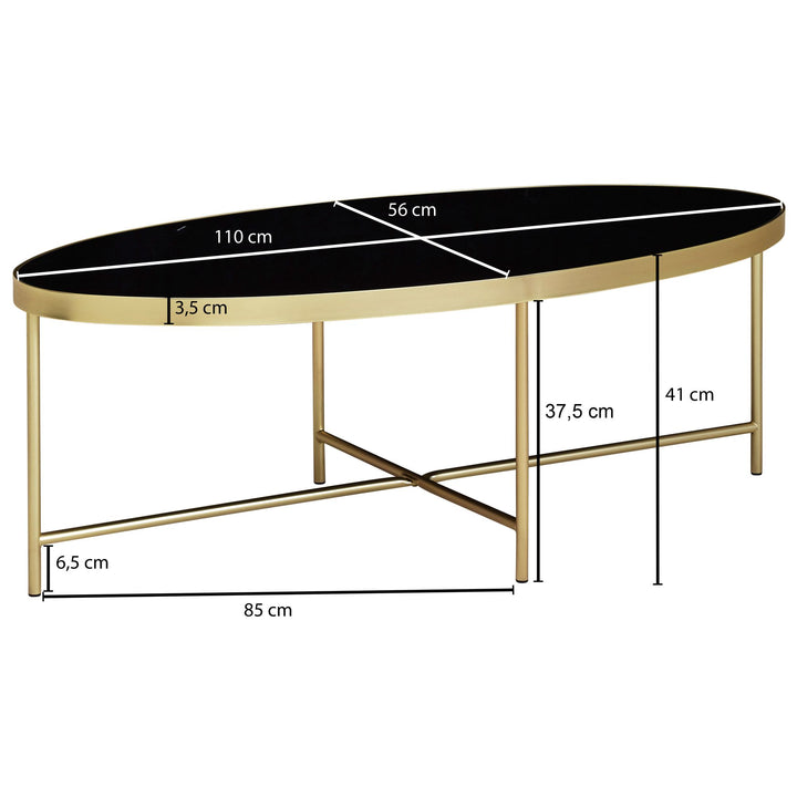 VILS Couchtisch_ oval_ Glasplatte_ filigranes Metallgestell_ Schwarz/Gold_ 110x56 cm - KADIMA DESIGN_Größe_ 110x56x40 cm_