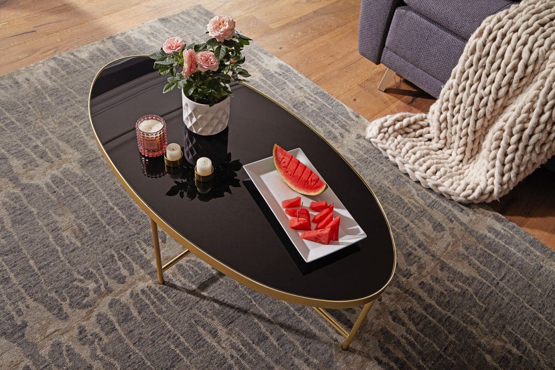 VILS Couchtisch_ oval_ Glasplatte_ filigranes Metallgestell_ Schwarz/Gold_ 110x56 cm - KADIMA DESIGN_Größe_ 110x56x40 cm_