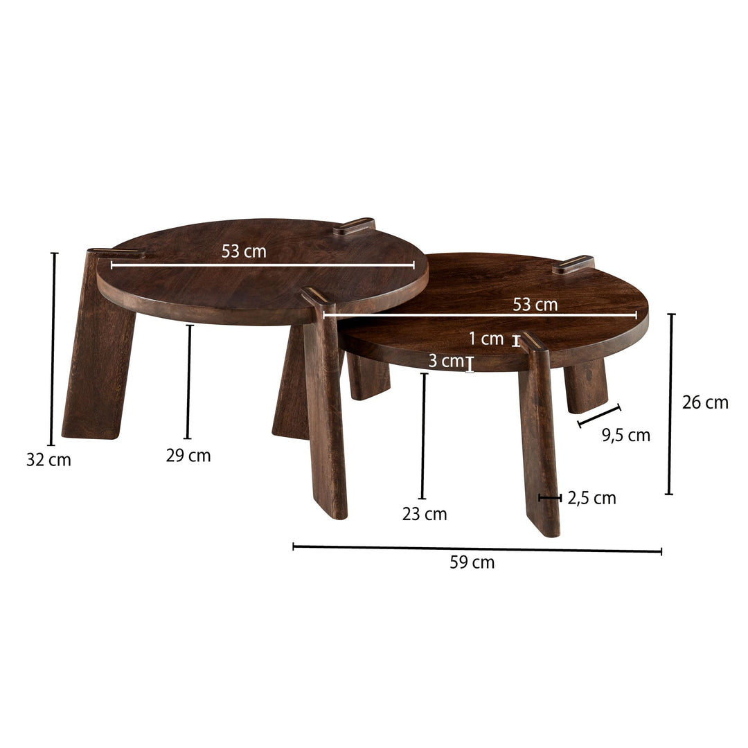 2er Set Couchtische HELEN_ Mango Massivholz_ unterschiedliche Größen_ Messing Zierstreifen_ handgefertigt_ max. 8 kg Belastung - KADIMA DESIGN_Farbe_ Braun_ Größe_ 53x53x32 cm_