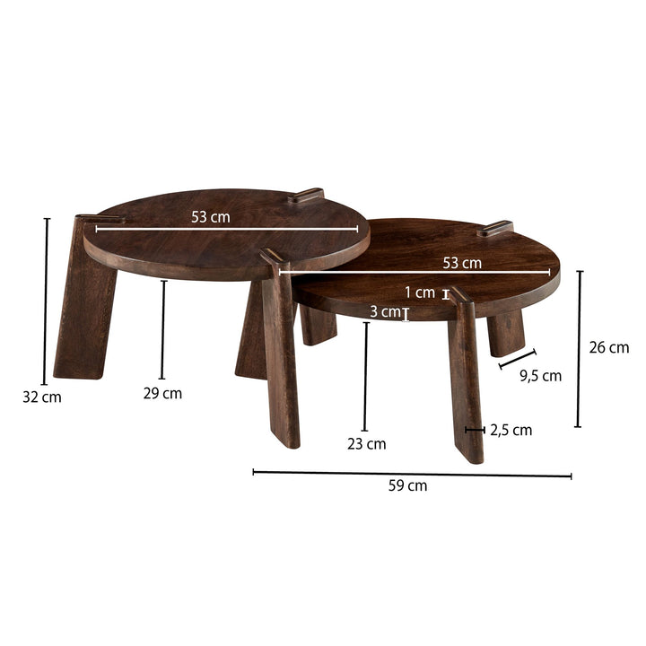 2er Set Couchtische HELEN_ Mango Massivholz_ unterschiedliche Größen_ Messing Zierstreifen_ handgefertigt_ max. 8 kg Belastung - KADIMA DESIGN_Farbe_ Braun_ Größe_ 53x53x32 cm_