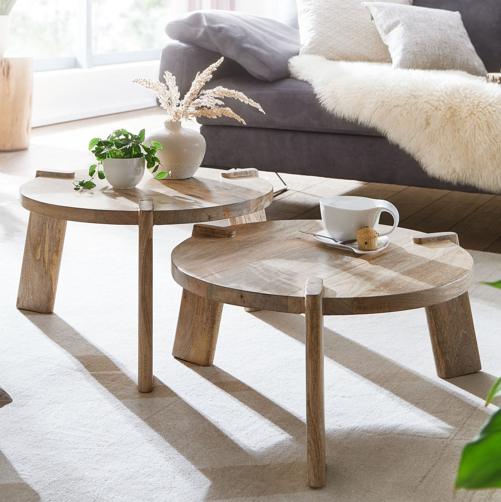 2er Set Couchtische HELEN_ Mango Massivholz_ unterschiedliche Größen_ Messing Zierstreifen_ handgefertigt_ max. 8 kg Belastung - KADIMA DESIGN_Farbe_ Beige_ Größe_ 53x53x32 cm_