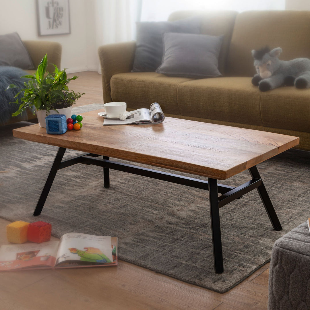 Couchtisch Holz Massiv Metall/Mango_ Massivholz/Schwarze pulverbeschichteten Edelstahlbeinen - Moderner Look_ Stabil - KADIMA DESIGN_Größe_ 110x60x42 cm_#sku_BARWL5.955#