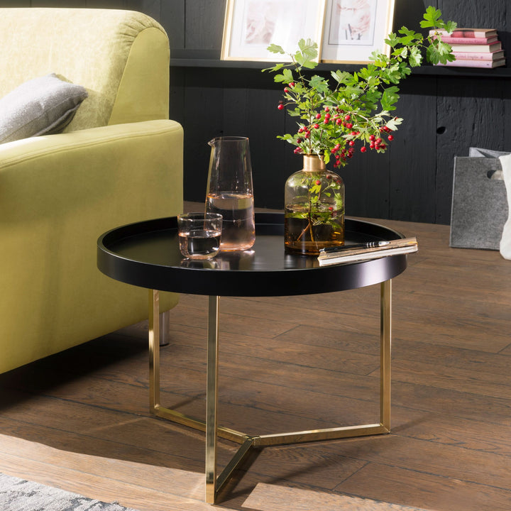 Sofatisch LIA Rund_ Retro Stil_ Metallgestell_ abnehmbares Tablett_ Anti-Rutsch-Noppen_ Gold/Schwarz oder Kupfer/Weiß - KADIMA DESIGN_Farbe_ Gold_ Größe_ 58x58x42 cm_