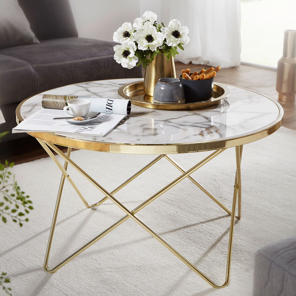 Marmor-Optik Couchtisch_ filigranes Metallgestell in Gold_ großer Wohnzimmertisch_ pflegeleicht - KADIMA DESIGN_Größe_ 85x85x49 cm_